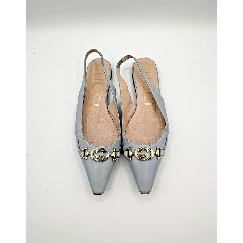 Gucci Baby Blue Pointed Toe Slingback Flats w GG Metallic Emblem Size EU 38.5